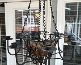 C145 - $25. Iron Hanging Basket Planter / Chandelier. Measures 18" across x 33" tall (53" long on the chain)