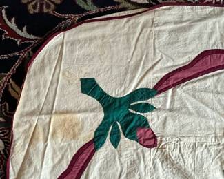 C155 - $65. Hand Pieced & Quilted Blanket "EC 1961". Measures 79.75" x 98.5". Does have some minor staining. 