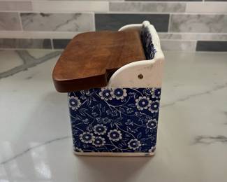 C136 - $30. Calico Blue by Staffordshire Salt Box. Burleigh Stamp. 