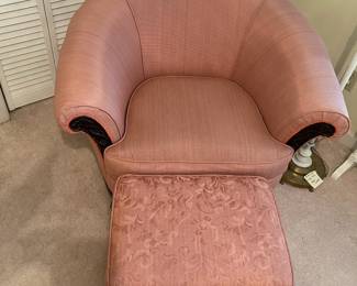 C55 - $75. Vintage Becker & Sons Upholstered Chair & Ottoman. Measures 40" wide x 35" deep x 31.5" tall.  Very good vintage condition.  Ottoman measures 22" wide x 17" deep x 16" tall.  