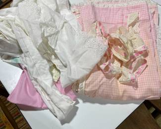 C110 - $60. Childs Toy Canopy Bed. Missing finials but could easily be replaced. Custom Handmade Bedding included. Measures 38.5" x 21.5" x 46" tall. 