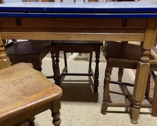 C86 - $175. Table Collapsed Measures 40" x 25" x 30" tall. Open it measures 40" x 45" x 30". Includes 6 Chairs. Enamel Coated Table Top with wood base. 6 chairs. Some rust spots & scratches but overall very good condition. Base has a sticker from Cochrane Furniture Co. Lincolnton, NC. Includes 6 Wooden Chairs. 
