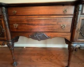 C12 - $450. Gorgeous Mahogany Buffet. Was refinished in 2011 by Mumford Restoration. Has custom made protector on the top. Measures 72" wide x 23" deep x 39.25" tall in the front. 45" tall to the tallest spot on the back. 