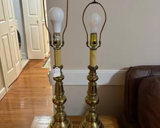 C146 - $40. PAIR of Brass Table Lamps. Measures 30" tall. Shades are in good condition. 