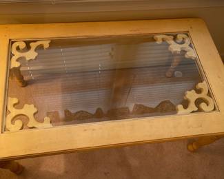 C61 - $65. Wooden Coffee Table with glass top. Measures 50" x 29" x 22.25" tall. Very sturdy & Solid. 