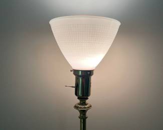 C150 - $40. Brass Floor Lamp with wood & brass vase. Milk Glass Shade is in great condition! Measures 55" tall. Base is 8" square. 