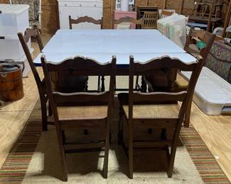 C86 - $175. Table Collapsed Measures 40" x 25" x 30" tall. Open it measures 40" x 45" x 30". Includes 6 Chairs. Enamel Coated Table Top with wood base. 6 chairs. Some rust spots & scratches but overall very good condition. Base has a sticker from Cochrane Furniture Co. Lincolnton, NC. Includes 6 Wooden Chairs. 