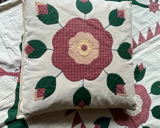 C154 - $65. Hand Pieced & Quilted Blanket & Matching Pillow with initials "EC" . Pillow is 14" square. Blanket is 57" x 86". Does have some light staining & 1 blue paint spot.  