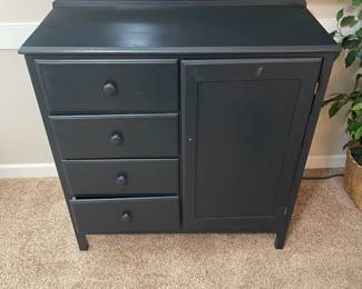 C32 - $95. Kroll Dresser / Chest. Measures 38" wide x 16" deep x 40" tall. Painted in a dark blue. Drawers all slide (bottom is a little sticky) Door on the right closes but need some adjustment. Was used as a media cabinet but could easily be a dresser or extra storage!
