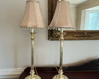 C9 - $35. Pair of Brass Lamps. Shades are both in good condition! Measures 29.25" tall. 
