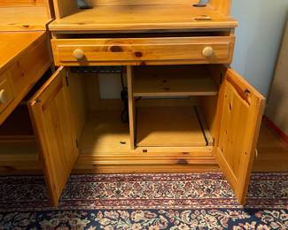 C39 - $250. Broyhill - Pine Office Furniture. Moves in 6 pieces. It is on the 2nd story so please have help to move! Can be configured a lot of ways! Individual piece on the right is 32" wide x 21" deep x 79" tall. Desk piece is 60" long + the attached piece making it 80" as set up. 32" deep x 30" tall. Very Sturdy!