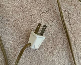 C56 - $75. Heavy Duty Brass Floor Lamp. Measures 62" tall. Bulbs can be turned on individually. Shade is in good condition! (White looks like the brass was painted). 