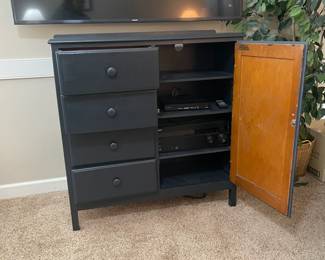 C32 - $95. Kroll Dresser / Chest. Measures 38" wide x 16" deep x 40" tall. Painted in a dark blue. Drawers all slide (bottom is a little sticky) Door on the right closes but need some adjustment. Was used as a media cabinet but could easily be a dresser or extra storage!