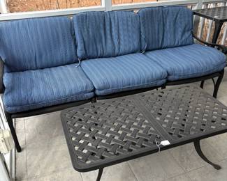 C22 - $700 - Cast Aluminum Deep Seated Cushion Sofa Includes Cushions from Windward. (77.25" long x 28" deep x 31" tall. Floor to seat is 14.5") C23 $175 - Cast Aluminum Coffee Table. (42.25" x 21.25" x 17.75" tall)