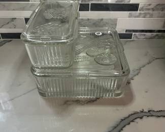 C130 - $30. 1940s Federal Glass Ribbed Refrigerator Dish Set. One minor chip noted on a lid. 