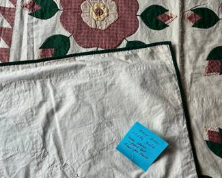 C154 - $65. Hand Pieced & Quilted Blanket & Matching Pillow with initials "EC" . Pillow is 14" square. Blanket is 57" x 86". Does have some light staining & 1 blue paint spot.  