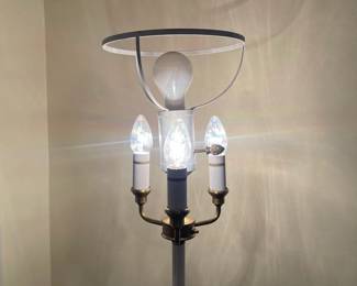 C56 - $75. Heavy Duty Brass Floor Lamp. Measures 62" tall. Bulbs can be turned on individually. Shade is in good condition! (White looks like the brass was painted). 