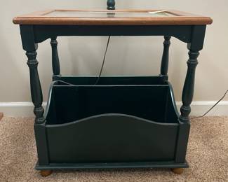 C30 - $40. Side table with Lamp. Dark green base with storage for books/magazines.  Measures 15.5" x 23" x 24" tall (with lamp is it 56.5" tall) 