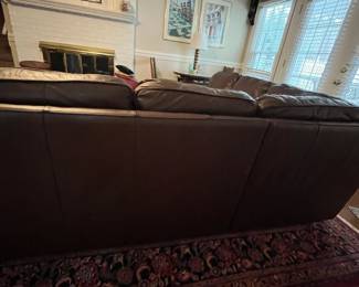 C83 - $500. Viceroy Leather Sectional. (Needs cleaned from dog hair) No rips / holes etc. Leather, Mocha, Hazelnut. Measures 87" from each corner. 34.5" deep x 34" tall. Floor to seat is 17.5" Seat is 21" deep. 