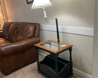 C30 - $40. Side table with Lamp. Dark green base with storage for books/magazines.  Measures 15.5" x 23" x 24" tall (with lamp is it 56.5" tall) 