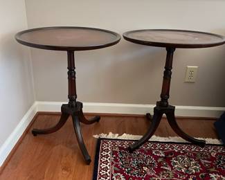 C28 - $75. PAIR of round side tables. Measures 22" x 27" tall. Tops of both show a little wear, minor water ring etc. Still look great!
