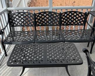 C22 - $700 - Cast Aluminum Deep Seated Cushion Sofa Includes Cushions from Windward. (77.25" long x 28" deep x 31" tall. Floor to seat is 14.5") C23 $175 - Cast Aluminum Coffee Table. (42.25" x 21.25" x 17.75" tall)