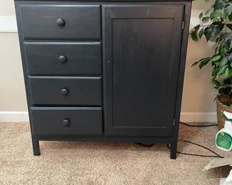 C32 - $95. Kroll Dresser / Chest. Measures 38" wide x 16" deep x 40" tall. Painted in a dark blue. Drawers all slide (bottom is a little sticky) Door on the right closes but need some adjustment. Was used as a media cabinet but could easily be a dresser or extra storage!
