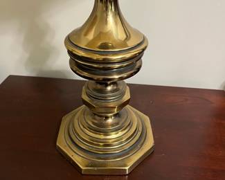 C2 - $80. PAIR of *Heavy* Brass Table Lamps. 35" tall. In very good vintage condition. Shades are both in good condition as well!