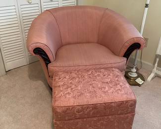 C55 - $75. Vintage Becker & Sons Upholstered Chair & Ottoman. Measures 40" wide x 35" deep x 31.5" tall.  Very good vintage condition.  Ottoman measures 22" wide x 17" deep x 16" tall.  