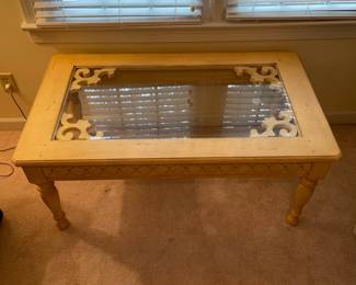C61 - $65. Wooden Coffee Table with glass top. Measures 50" x 29" x 22.25" tall. Very sturdy & Solid. 