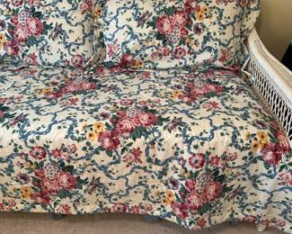 C63 - $175. Wicker Twin Sized Day Bed. Measures 89" x 40" x 43" tall. Mattress is clean and comfortable. Very good vintage condition - a few broken / split pieces on the back but they're easy to cover with pillows! Custom sewn pillowcases / blanket included if you'd like them!