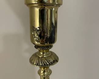 C150 - $40. Brass Floor Lamp with wood & brass vase. Milk Glass Shade is in great condition! Measures 55" tall. Base is 8" square. 