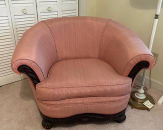 C55 - $75. Vintage Becker & Sons Upholstered Chair & Ottoman. Measures 40" wide x 35" deep x 31.5" tall.  Very good vintage condition.  Ottoman measures 22" wide x 17" deep x 16" tall.  
