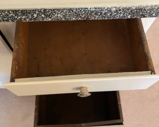 C58 - $300. Sellers Hoosier. Has been painted white. Enamel top is in good condition - some chipping that is normal for it's age. Measures 40.5" wide x 27.5" deep x 69" tall.  We have a couple bags of original hardware / tags that were taken off when it was painted. 