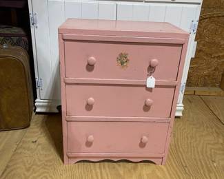 C116 - $40. Homemade Pink Dresser. Measures 19" wide x 12" deep x 25" tall. 3 drawers all open easily. 