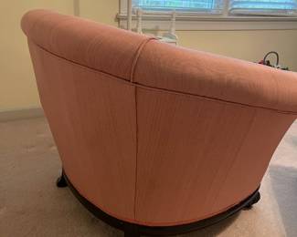 C55 - $75. Vintage Becker & Sons Upholstered Chair & Ottoman. Measures 40" wide x 35" deep x 31.5" tall.  Very good vintage condition.  Ottoman measures 22" wide x 17" deep x 16" tall.  