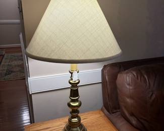C146 - $40. PAIR of Brass Table Lamps. Measures 30" tall. Shades are in good condition. 