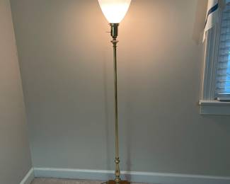 C150 - $40. Brass Floor Lamp with wood & brass vase. Milk Glass Shade is in great condition! Measures 55" tall. Base is 8" square. 