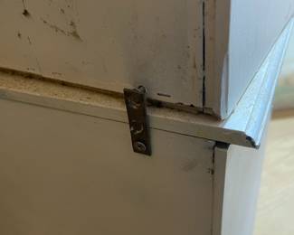 C84 - $40. Vintage White Hutch. Moves in 2 pieces for easier transport. Castors attached. Top is 36" wide x 9.5" deep x 38" tall. Base is 37" wide x 15" deep x 33" tall. 