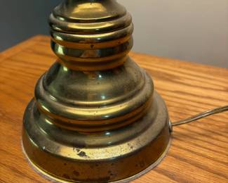 C146 - $40. PAIR of Brass Table Lamps. Measures 30" tall. Shades are in good condition. 