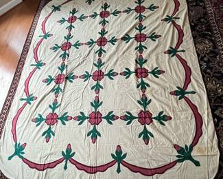 C155 - $65. Hand Pieced & Quilted Blanket "EC 1961". Measures 79.75" x 98.5". Does have some minor staining. 