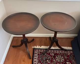 C28 - $75. PAIR of round side tables. Measures 22" x 27" tall. Tops of both show a little wear, minor water ring etc. Still look great!