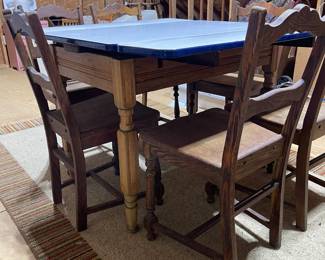 C86 - $175. Table Collapsed Measures 40" x 25" x 30" tall. Open it measures 40" x 45" x 30". Includes 6 Chairs. Enamel Coated Table Top with wood base. 6 chairs. Some rust spots & scratches but overall very good condition. Base has a sticker from Cochrane Furniture Co. Lincolnton, NC. Includes 6 Wooden Chairs. 