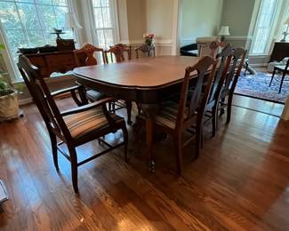 C13 - $350. Antique Mahogany Dining Table. Measures 59" long with NO leaf. 48" wide x 30" tall. (Has 3 Leaves - each adds 12" )  1 arm chair + 6 regular chairs. Was refinished in 2011. Solid table but it is an antique and has some issues from general use. Some wiggles and some veneer issues. 