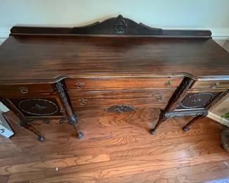 C12 - $450. Gorgeous Mahogany Buffet. Was refinished in 2011 by Mumford Restoration. Has custom made protector on the top. Measures 72" wide x 23" deep x 39.25" tall in the front. 45" tall to the tallest spot on the back. 