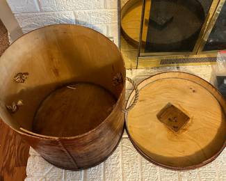 C100 - $65. Bent Wood Pantry / Storage Box with Lid and Rope Handles. Measures 15.25" wide x 14.25" tall. 