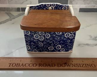 C136 - $30. Calico Blue by Staffordshire Salt Box. Burleigh Stamp. 