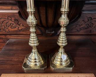 C141 - $30 PAIR of Brass Candlesticks 10" tall. 