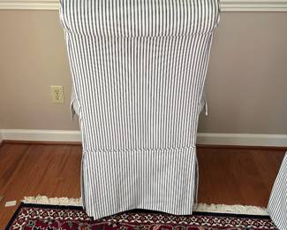 C20 - $150 PAIR of striped Upholstered Chairs. Measures 22" seat width x 27" outside arm width. 27" deep x 40" tall. 