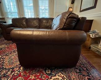 C83 - $500. Viceroy Leather Sectional. (Needs cleaned from dog hair) No rips / holes etc. Leather, Mocha, Hazelnut. Measures 87" from each corner. 34.5" deep x 34" tall. Floor to seat is 17.5" Seat is 21" deep. 